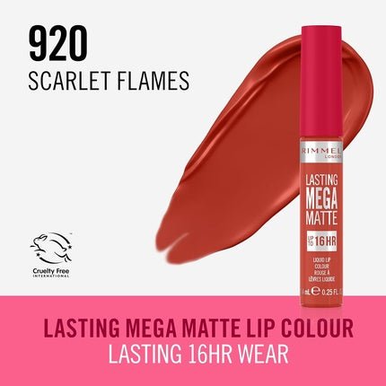 Rimmel London Lasting Mega Matte Liquid Lipstick Long - Lasting Hydrating Vegan Formula 7.4ml 920 Scarlet Flames - Maison des fragrances