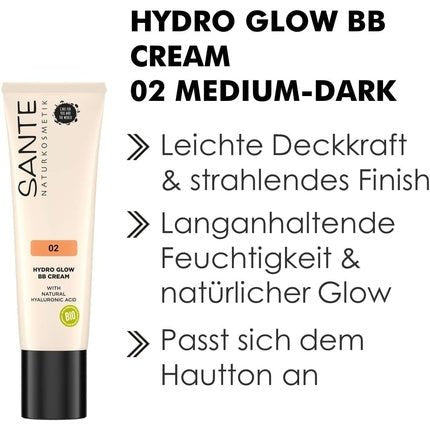SANTE Naturkosmetik Hydro Glow BB Cream 02 Medium Dark with Hyaluron & Organic Extracts Vegan 30ml - Maison des fragrances