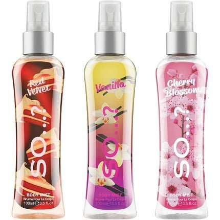 So...? Luscious Trio Womens Body Mist Gift Set with Red Velvet, Vanilla, & Cherry Blossom Fragrance Spray 3x100ml - Pack of 3 - Maison des fragrances