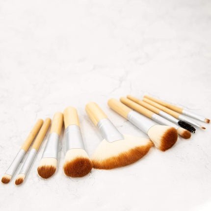 T4B MIMO Set Travel Size Bamboo Makeup Brushes With Cotton Case 10 Pieces Brown - Maison des fragrances