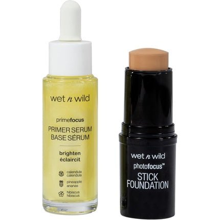 Wet n Wild Glow Me Up Set Brightening Face Primer Serum & Photo Focus Stick Foundation Soft Beige Shade Radiance Boost Intense Moisture - Maison des fragrances